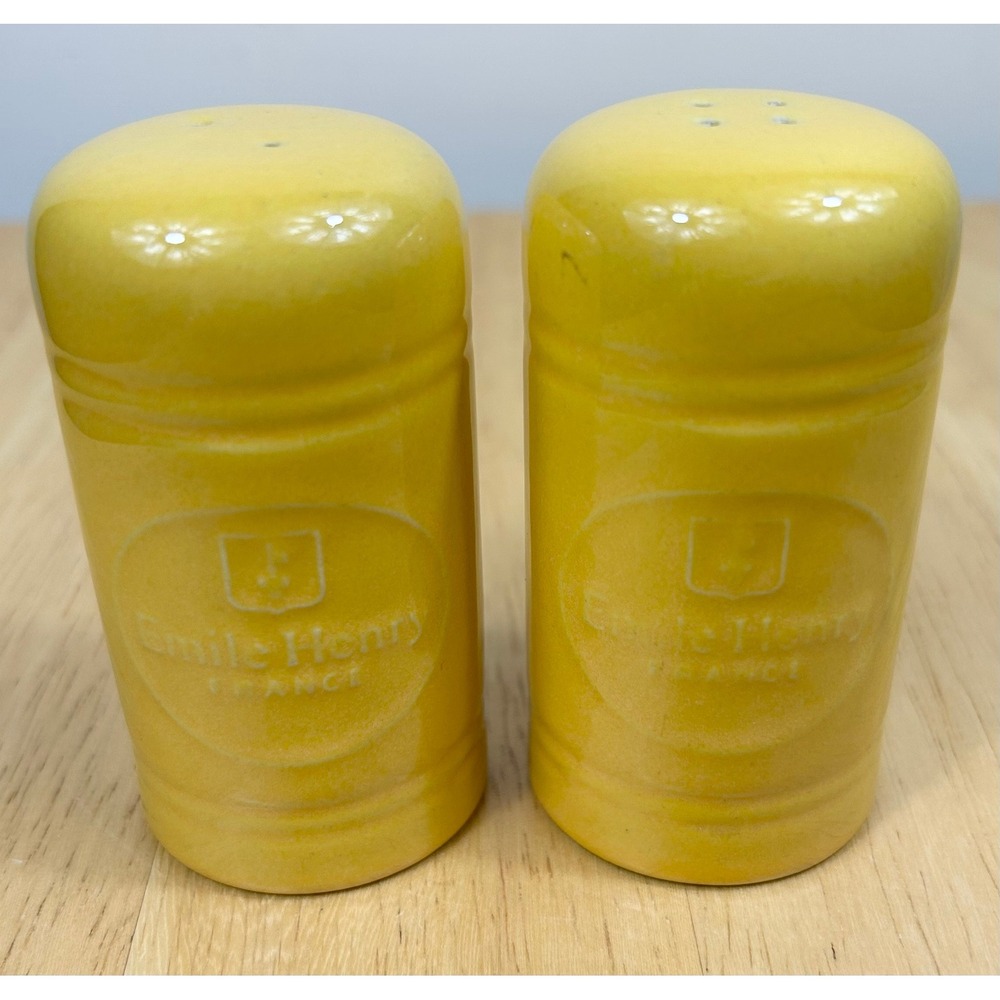 Emile Henry Salt Pepper Shakers Dijon Yellow Ceramic France Collectible VTG RARE